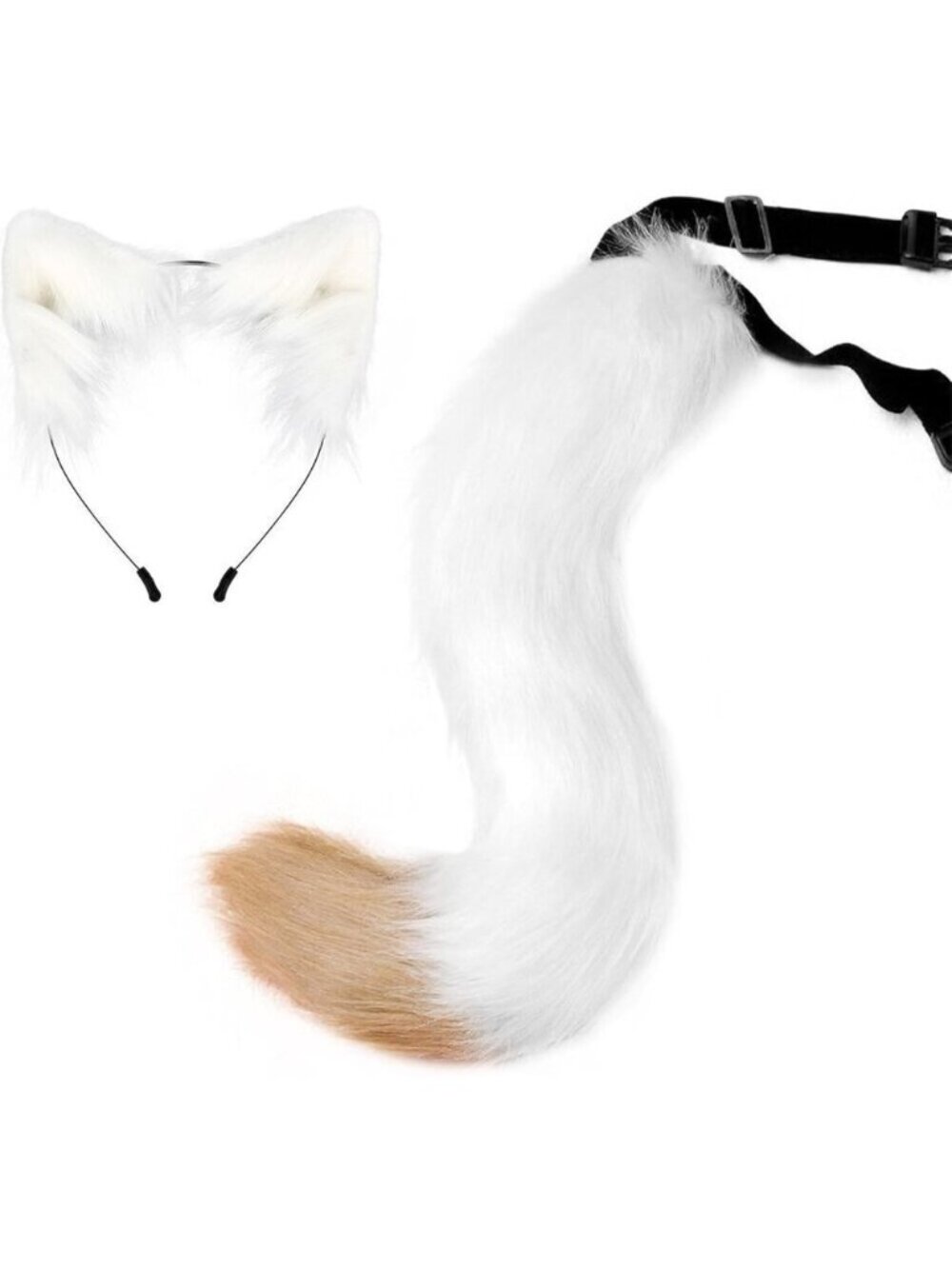 🆕 Halloween White Faux Fur Cat Fox Ears Headband Wolf Tail Party Costume Adult
